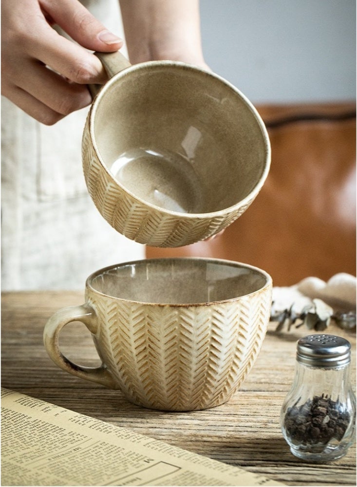 400ml Handcrafted Herringbone Embossed Ceramic Mug Rustic Yellow Coffee Cup with Textured Design Dishwasher & Microwave Safe Ideal for Morning Coffee Tea and Modern Farmhouse Kitchen Tableware - Image 5